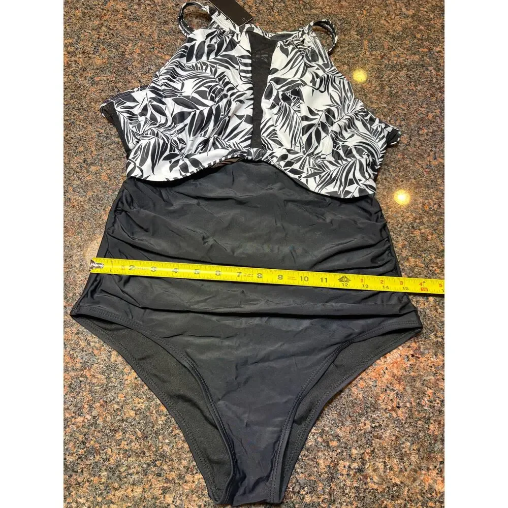 Tempt Me Black White One Piece High Neck Tummy Control Bathing Suit Size M NWT - Picture 9 of 16